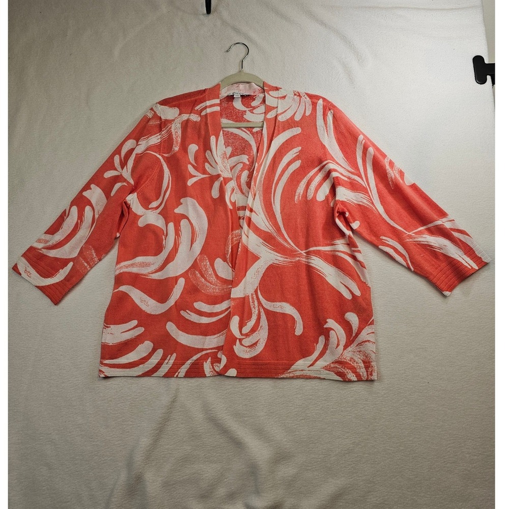 Chicos Coral Orange White Abstract Swirl Open Front Cardigan Size 3 XL Cotton